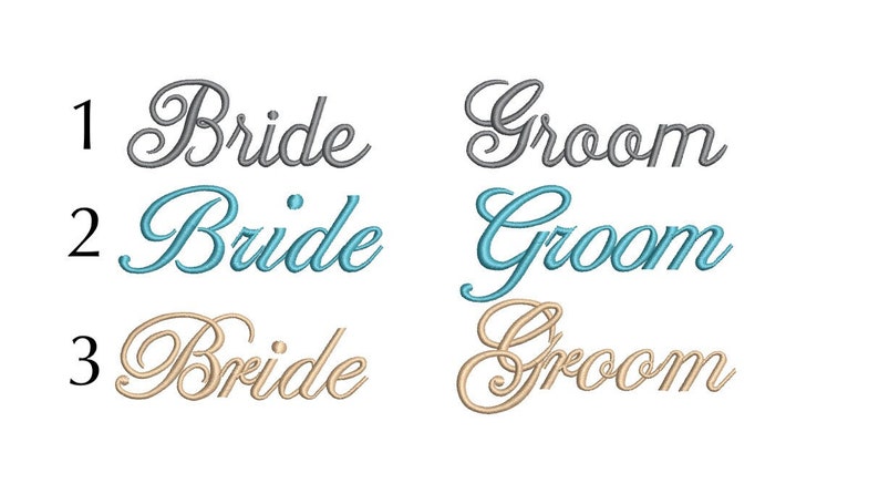 May include: Three different color options for the words "Bride" and "Groom" in a cursive font. The colors are gray, light blue, and gold.