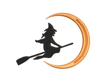 Diseño de bordado a máquina de bruja lunar, 2 tamaños - Diseño de bordado de Halloween - Diseño de bordado de bruja,