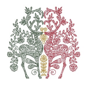 May include: Two stylized reindeer with intricate floral designs, one in green and one in red, facing each other.