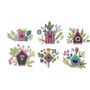 Birdhouse Embroidery Design, Set of 6, Birdhouse Machine Embroidery Design, 4x4 hoop, Birdwatcher embroidery design