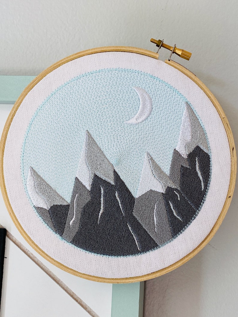 Round Snowcapped Mountain Machine Embroidery Design, Round hoop embroidery design, snow design, Forest pattern, mountain embroidery design image 2