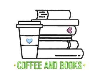 Coffee and Books Machine Embroidery Design, Stack of Books Embroidery Design, Quick Stitch
