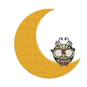 Whimsical Moon Owl Machine Embroidery Design, 2 sizes, Baby owl embroidery design, nursery embroidery design, 4x4 hoop,  5 x 7 hoop