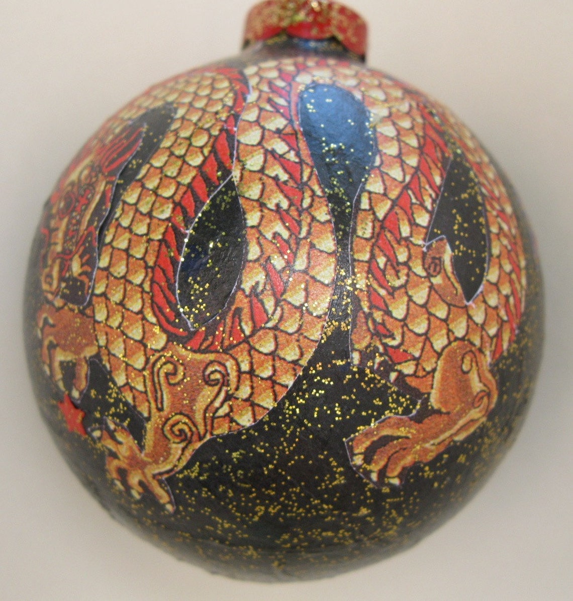 Holiday Ornament Dragon Collaged Glass Ball Red & Gold Etsy UK
