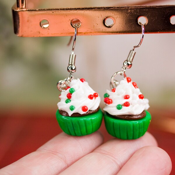 Tiny Christmas Jolly Green Cupcake Dangle Earrings - Nickel Free - Polymer Clay