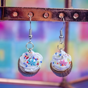 Tiny Cute Chocolate Candy Cupcake Dangle Earrings - Nickel Free - Polymer Clay