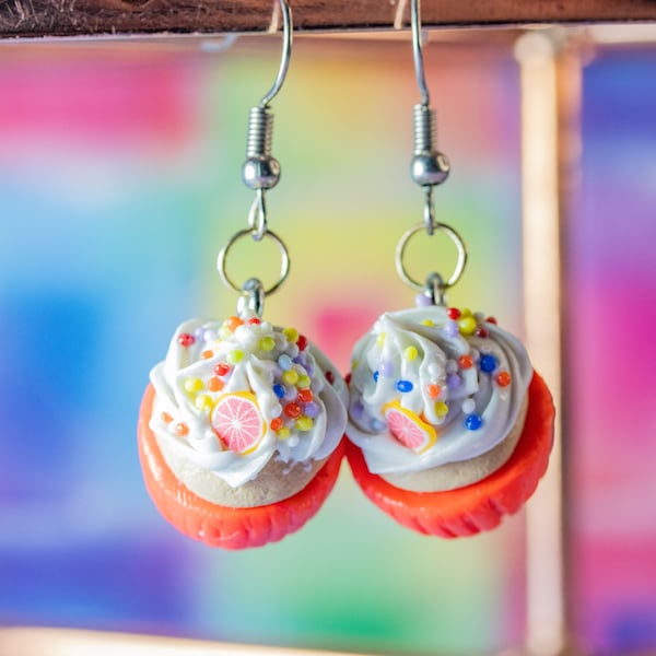 Tiny Cute Grapefruit Cupcake Dangle Earrings - Nickel Free - Polymer Clay