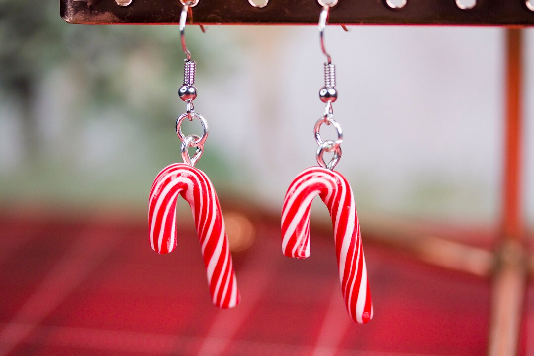 Tiny Christmas Festive Candy Cane Dangle Earrings Polymer Etsy