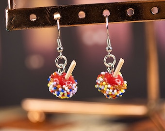 Tiny Red Candy Apples with Sprinkles Dangle Earrings - Lightweight, Polymer Clay, Nickel Free