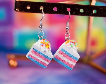 Kawaii LGBT+ Trans Pride Flag Cake Earrings w/Frosting and Sprinkles