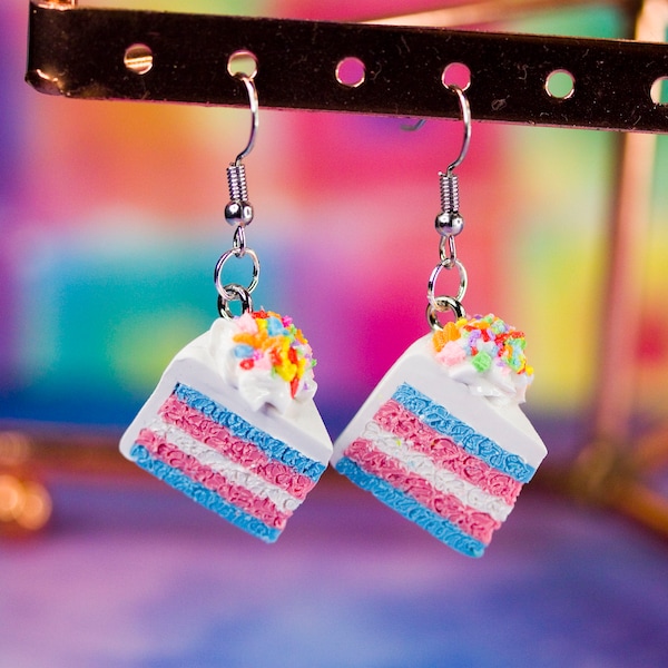 Kawaii LGBT+ Trans Pride Flag Cake Earrings w/Frosting and Sprinkles