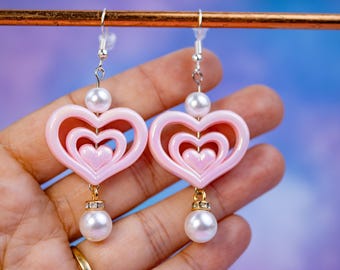 Pink Layered Heart Earrings with Pearls – Kawaii Romantic Statement Jewelry, Cute Y2K Dangles