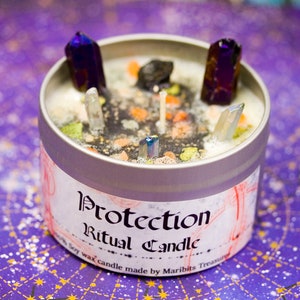 Protection Ritual Candle 5.5 oz - 100% Soy - Essential Oils - Crystals - Smoke Cleansing - Herbs - Witchcraft - Pagan - Energy Cleansing