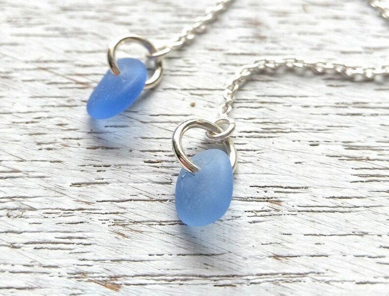 Cornflower Blue Sea Glass Earrings Strand Earrings Sterling Silver SeaGlass Earrings Beach Glass Ocean Jewelry Blue Sea Glass
