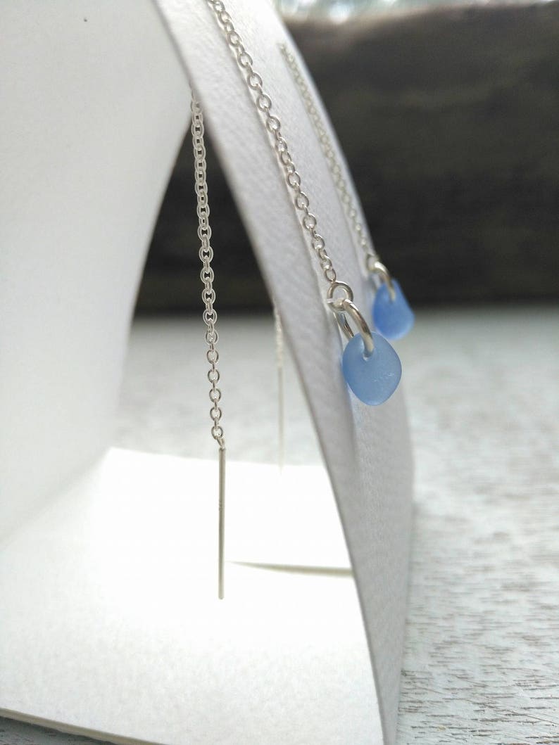 Cornflower Blue Sea Glass Earrings Strand Earrings Sterling Silver SeaGlass Earrings Beach Glass Ocean Jewelry Blue Sea Glass