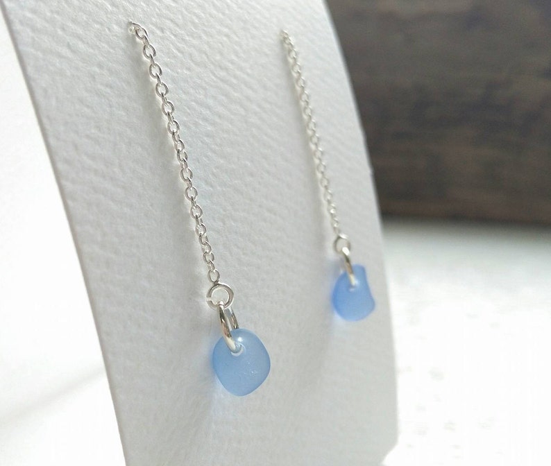 Cornflower Blue Sea Glass Earrings Strand Earrings Sterling Silver SeaGlass Earrings Beach Glass Ocean Jewelry Blue Sea Glass