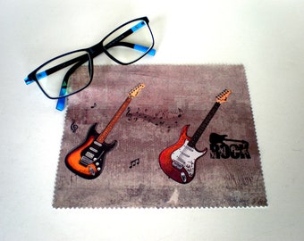May include: A brown microfiber cleaning cloth with a vintage-style design featuring two electric guitars and the word "ROCK".