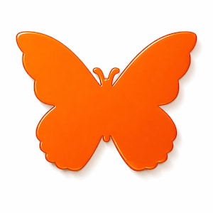 May include: A glossy, orange butterfly silhouette with detailed wing edges and antennae. The butterfly is centered on a white background, casting a subtle shadow. The design is simple and modern.