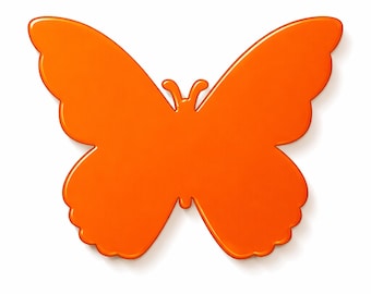 May include: A glossy, orange butterfly silhouette with detailed wing edges and antennae. The butterfly is centered on a white background, casting a subtle shadow. The design is simple and modern.