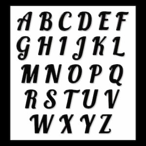 May include: Black, glossy, cursive alphabet letters A through Z arranged in rows on a white background. The letters have a 3D effect, with a slight shadow. Ideal for crafting, scrapbooking, or personalized projects.