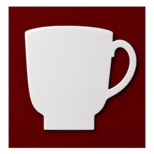 May include: A white ceramic mug with a curved handle, set against a deep red background. The mug has a square base and a rounded top, creating a modern, minimalist design. Ideal for coffee or tea.