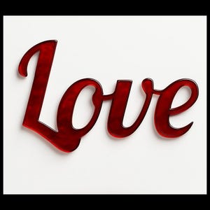 May include: Red, translucent "Love" sign with a glossy finish. The word is in a cursive font, set against a white background. The sign is likely a decorative item, perfect for Valentine's Day or a romantic setting.