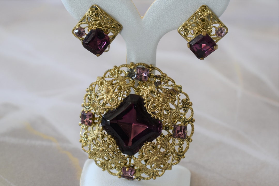 Vintage Ornate Filigree With Purple Glass Stones Brooch and Etsy