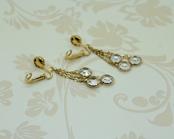 Gold Chain and Crystal Drop Clip or Post Earrings - image 2