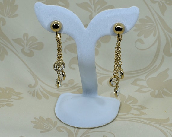 Gold Chain and Crystal Drop Clip or Post Earrings - image 3