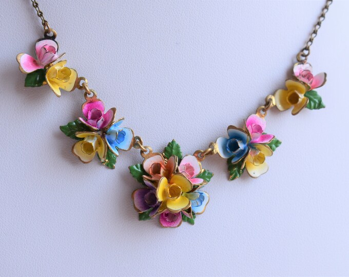 Colorful Austrian Cold Painted Flower Necklace Etsy