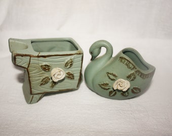 Vintage Green Pottery Mini Planters Swan and Wheelbarrow with Attached Rose