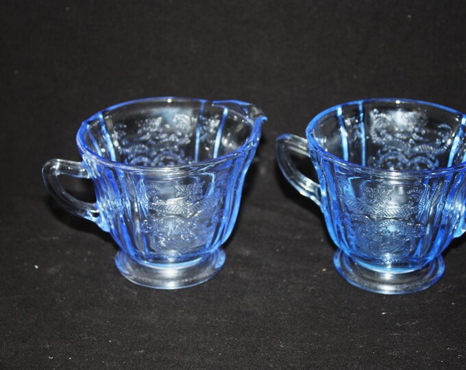 Vintage Blue Cream and Sugar Depression Glass Set Etsy