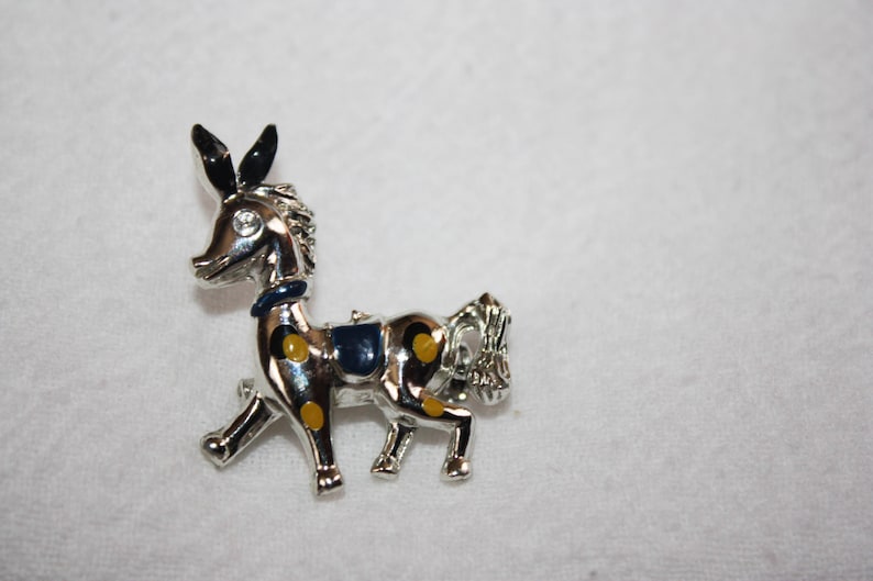 Little Vintage Silver tone Horse Pin Dark Blue Saddle Blue and Yellow Dots