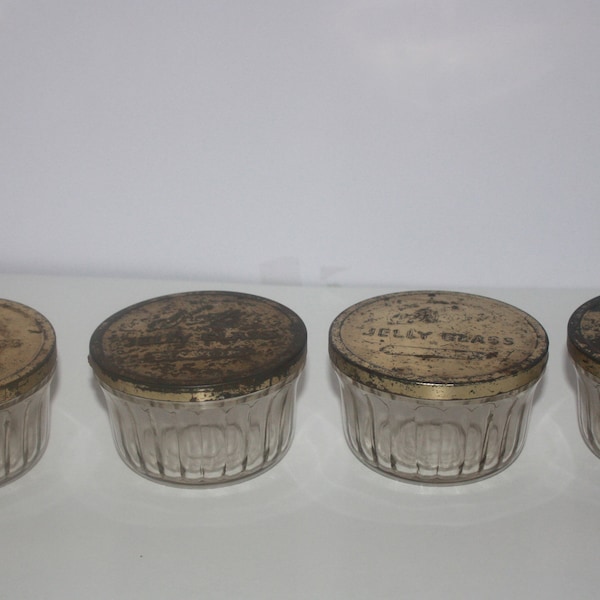 Vintage Set of Four Kerr Jelly Glass Jars with Tin Lids