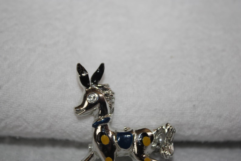 Little Vintage Silver tone Horse Pin Dark Blue Saddle Blue and Yellow Dots