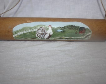 Vintage Green Handle Rolling Pin with Folk Art Rooster and Farm