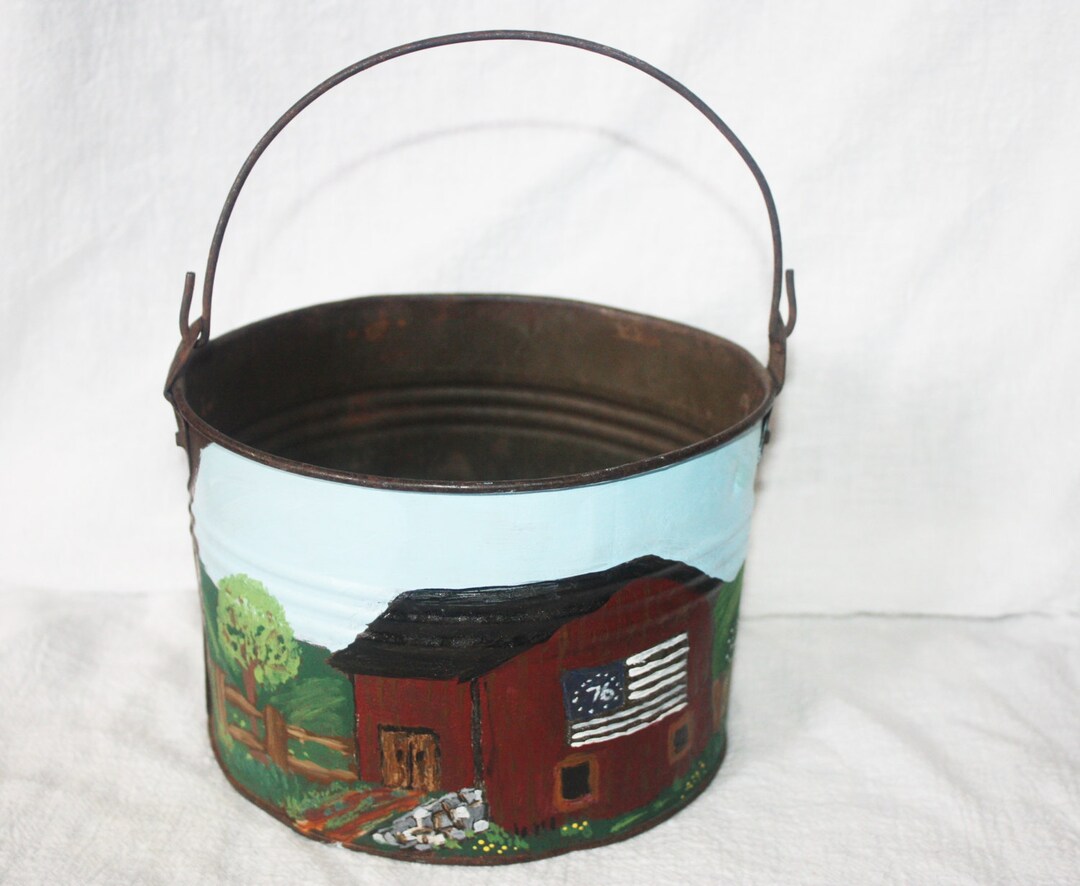 Vintage Metal Pail With Old Barn Folk Art Painting Etsy