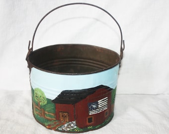 Vintage Metal Pail with Old Barn Folk Art Painting