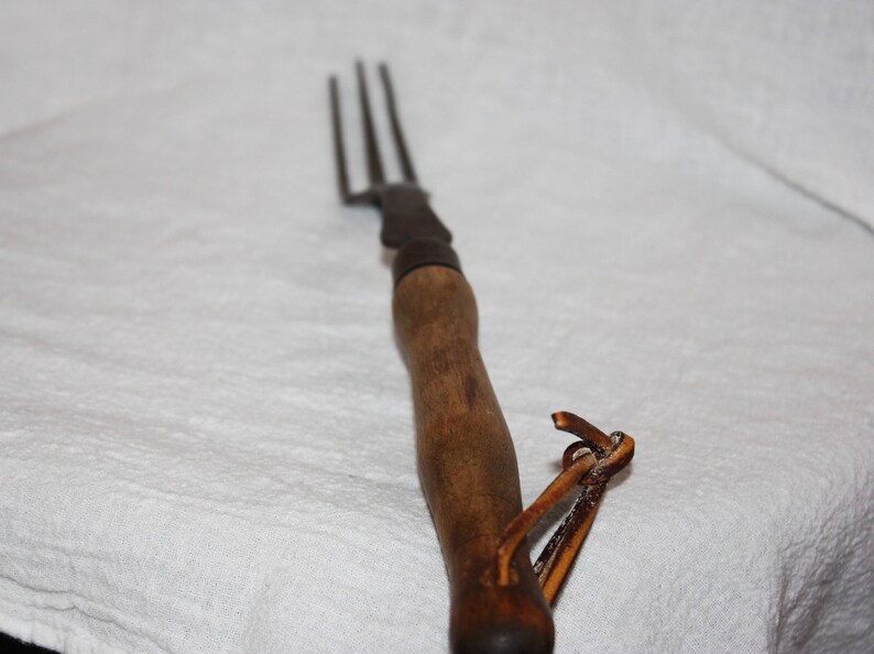 Vintage Set of Three Wood Handled Kitchen Utensils With Leather Hanging Strip