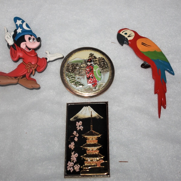 Vintage Set of Four Fridge Magnets  Mickey  Parrot  Mt Fugi  Japanese Building