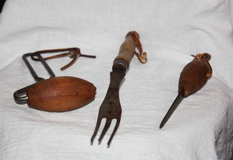Vintage Set of Three Wood Handled Kitchen Utensils With Leather Hanging Strip