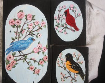 Vintage Folk Art Painting on Old Wood Birds