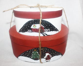 Vintage Set of Two Shaker Boxes With Handpainted Christmas Scenes