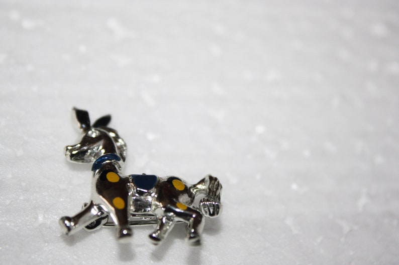 Little Vintage Silver tone Horse Pin Dark Blue Saddle Blue and Yellow Dots