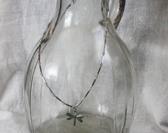 Vintage Dragonfly Short Necklace Silver Green Dragonfly