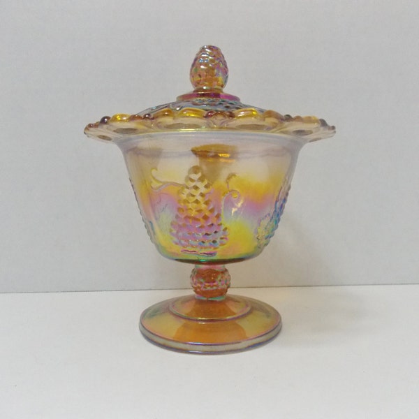 Candy Dish or Spooner dish in Marigold or Harvest Gold, Carnival Glass Grape and leaf design