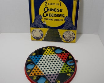 Standard Checkers and Chinese checker game Metal 2 in 1 game original box USA made marbles included Woodhaven Metal Co. BKLYN 8 N.Y.