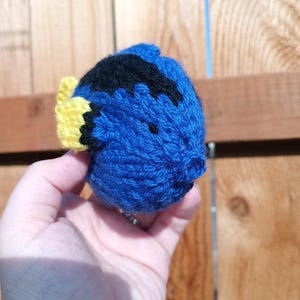 Puede incluir: Un juguete de pez cirujano azul tejido a mano. El pez redondo es azul con detalles negros y amarillos. Se sostiene en una mano, con un fondo borroso de valla de madera.