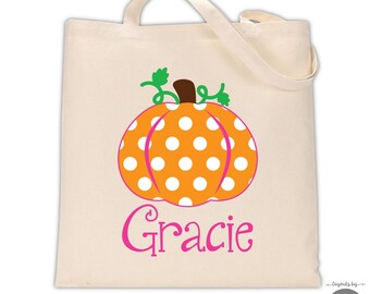Personalized Polka Dot Pumpkin Tote Bag - Halloween Trick or Treat
