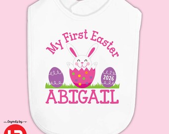 personalized baby's girls first easter bib - monogrammed easter bunny outfit bib - ANY YEAR